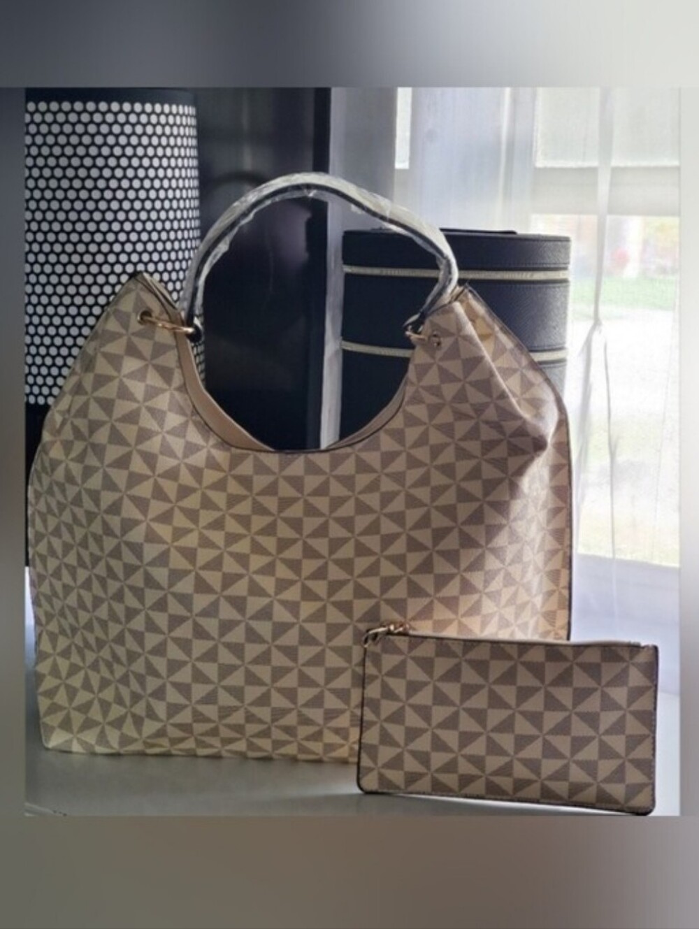 Cream & Gray Handbag with Pouch